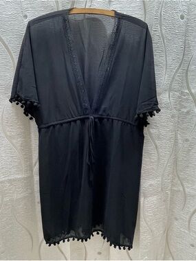 Unbranded Swim Cover Up Womens One Size Black Good Pom Pom Lace Trim Sheer Boho